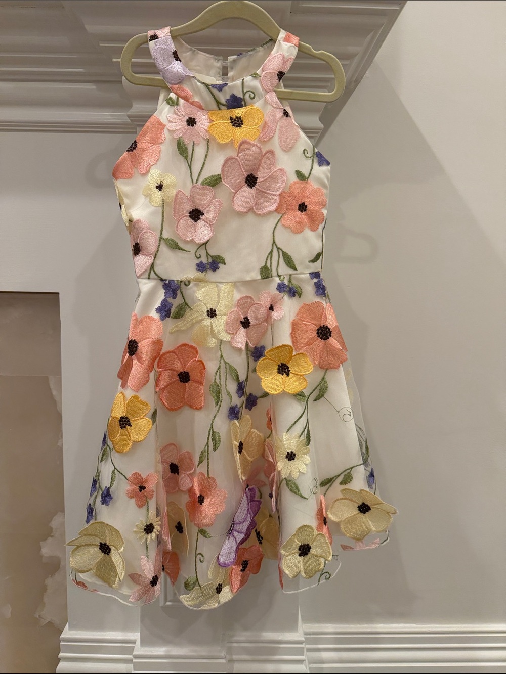 Rare Editions White Dress with Multicolor Floral Appliqués
